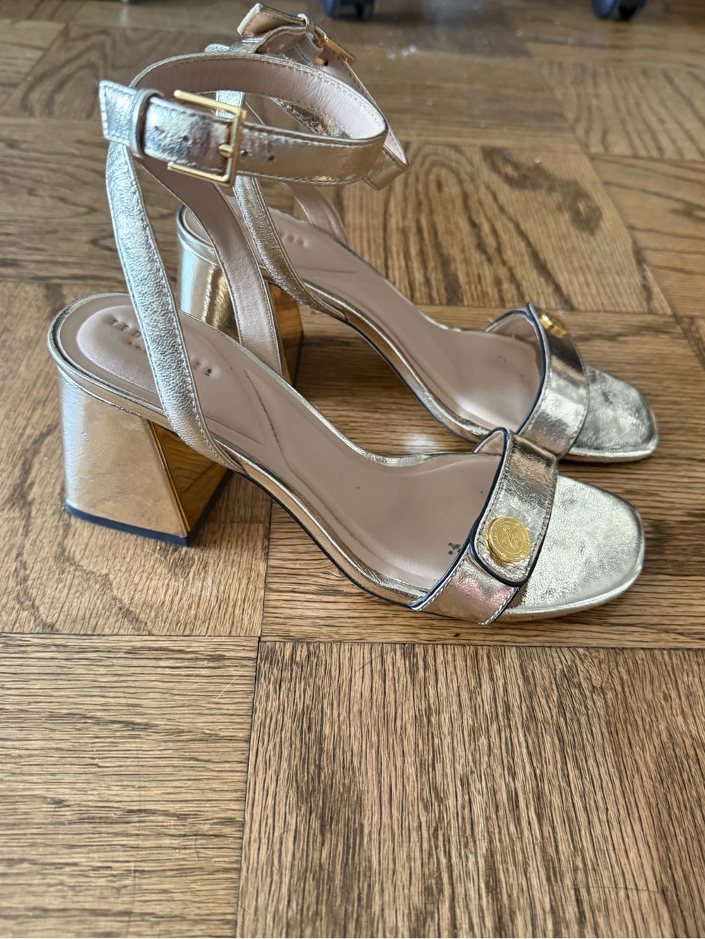 Ted Baker London Gold Metallic Block Heel Ankle-Strap Sandals, Size 7.5 - Picture 2 of 4
